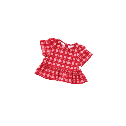Red checkered blouse with ruffled sleeves on a white background