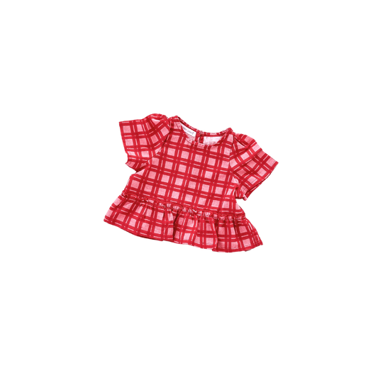 Red checkered blouse with ruffled sleeves on a white background