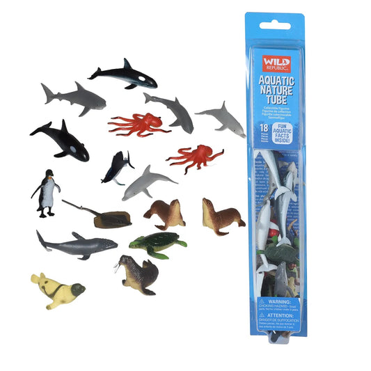 Set of aquatic animal figurines with a packaging tube on a white background