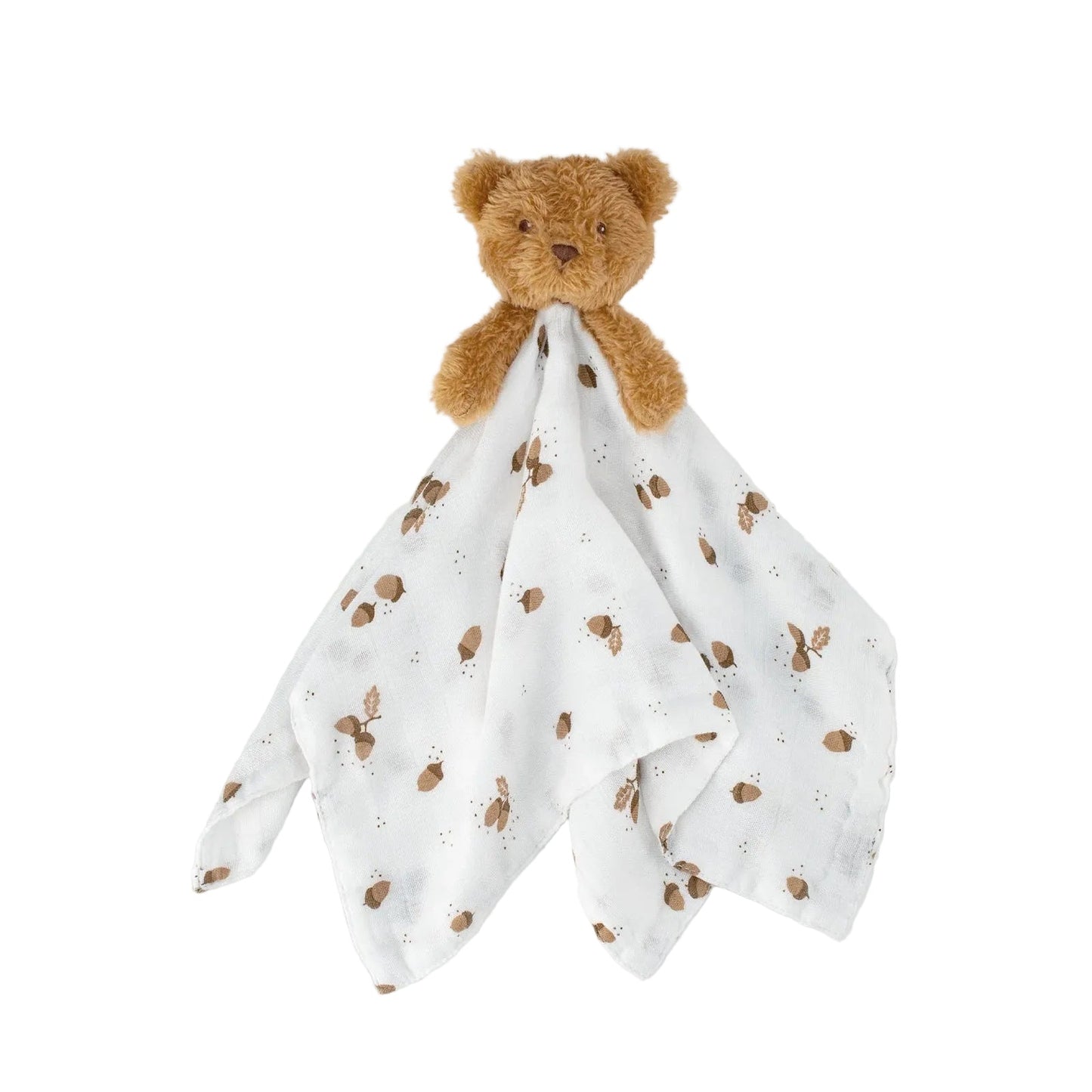 Teddy bear and spotted blanket on a light gray background