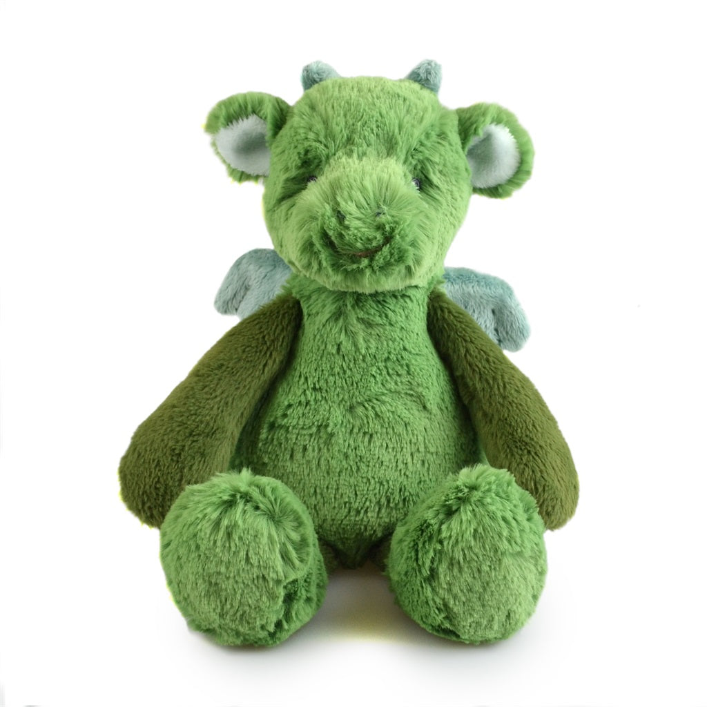 A green plush dragon toy with small wings, sitting against a plain white background.