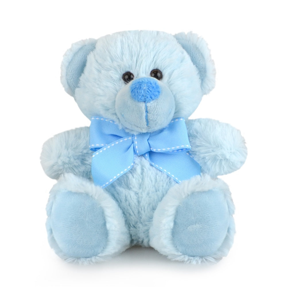 A light blue plush teddy bear with a matching light blue ribbon bow around its neck, set against a plain white background.