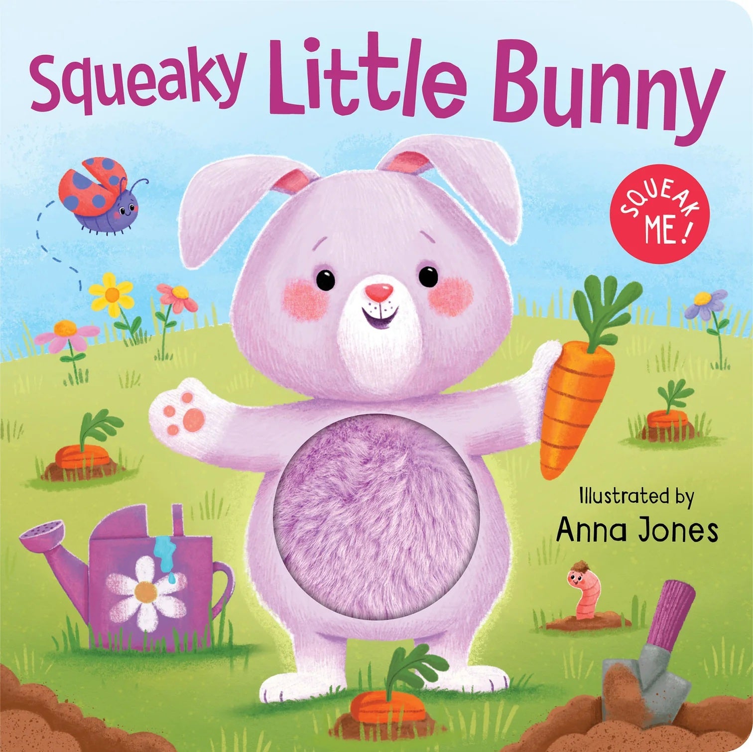 Book cover of 'Squeaky Little Bunny' with a purple bunny, carrot, and garden elements.