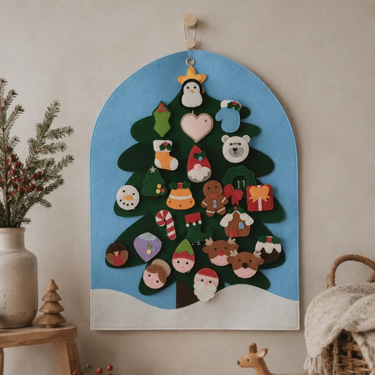 A wooden Christmas advent tree wall hanging with colorful felt ornaments, displayed on a beige wall in a styled room setting with a wooden toy deer, basket, and dried flowers.