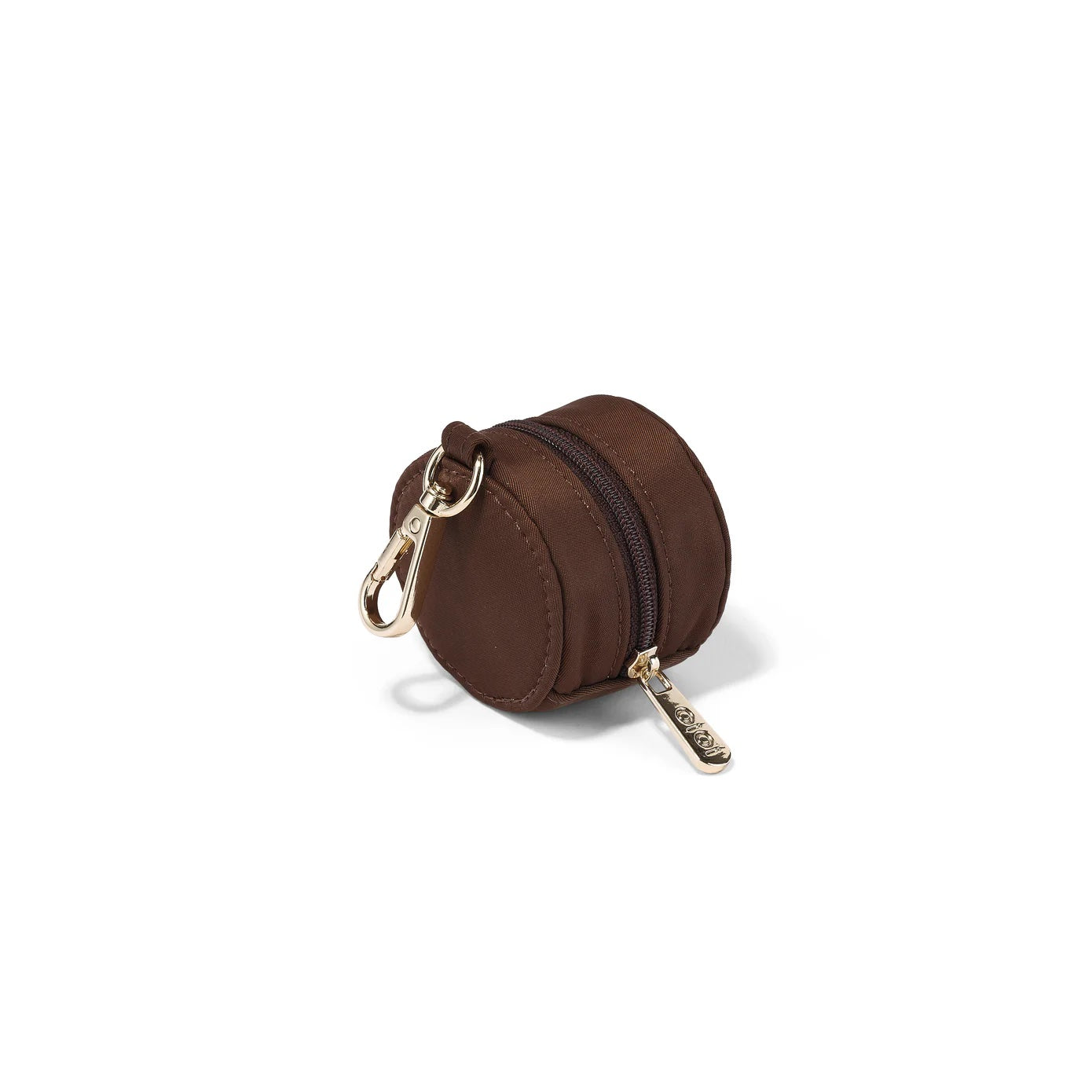 Brown round pouch with a zipper on a white background
