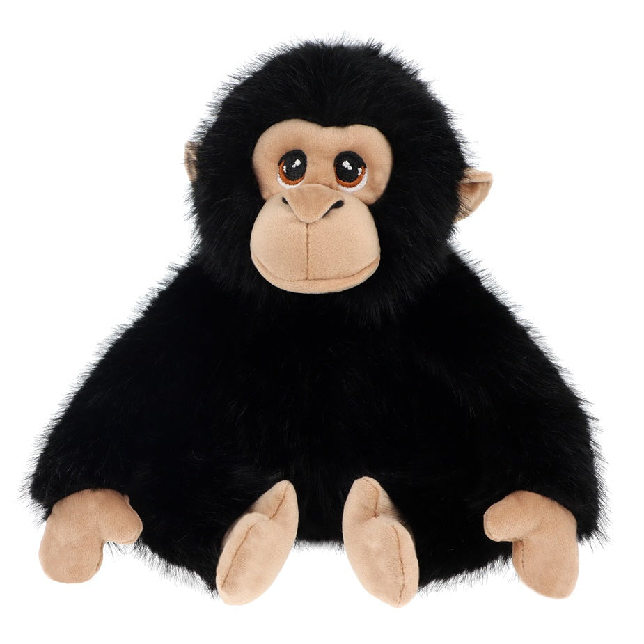 A plush toy chimpanzee with black faux fur, a beige face and hands, and large dark eyes, photographed against a plain white background.
