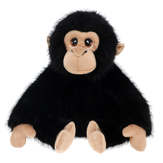 A plush toy chimpanzee with black faux fur, a beige face and hands, and large dark eyes, photographed against a plain white background.