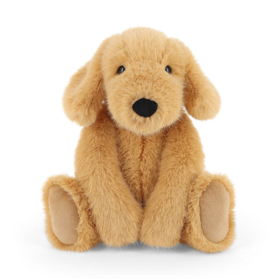 A plush golden retriever dog toy sitting upright against a clean white background.