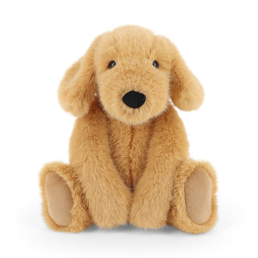 A plush golden retriever dog toy sitting upright against a clean white background.