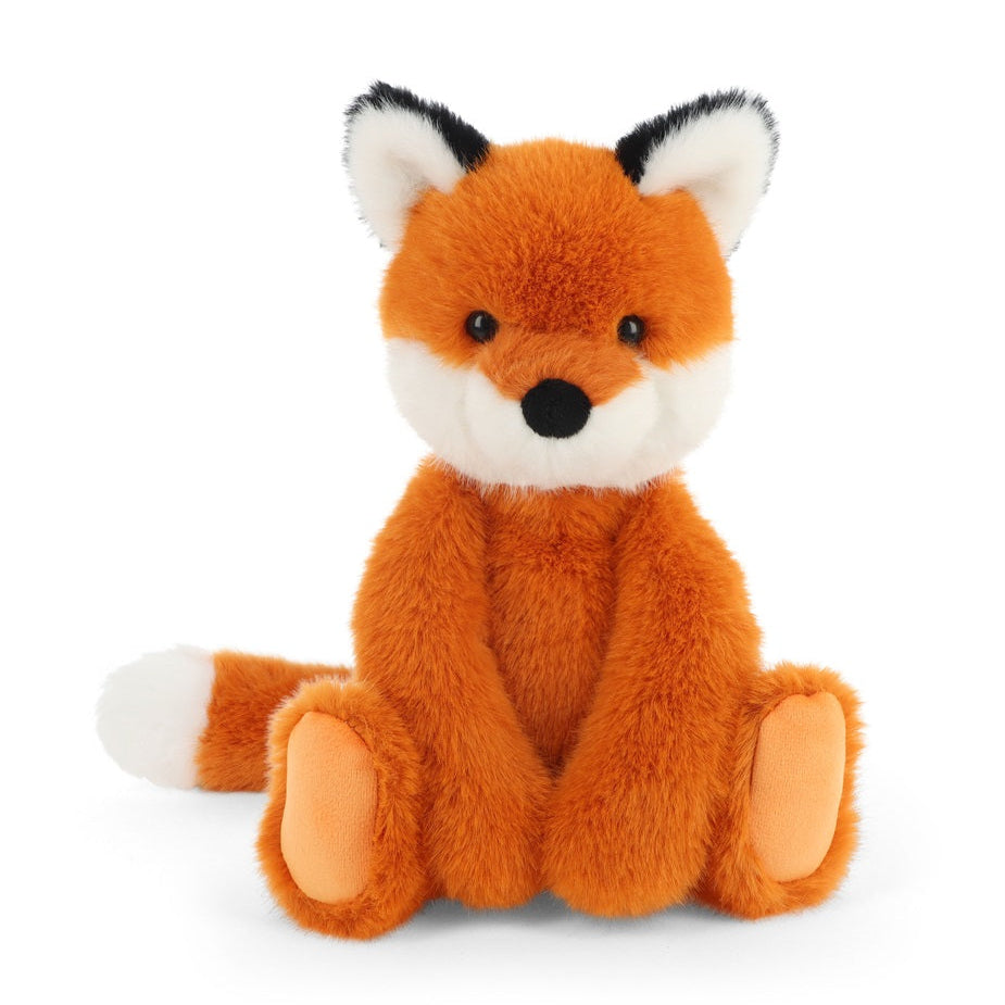A plush orange fox toy sitting upright against a clean white background. The toy features a soft orange body, a white muzzle and chest, black-tipped ears, and white-tipped tail and paw pads.