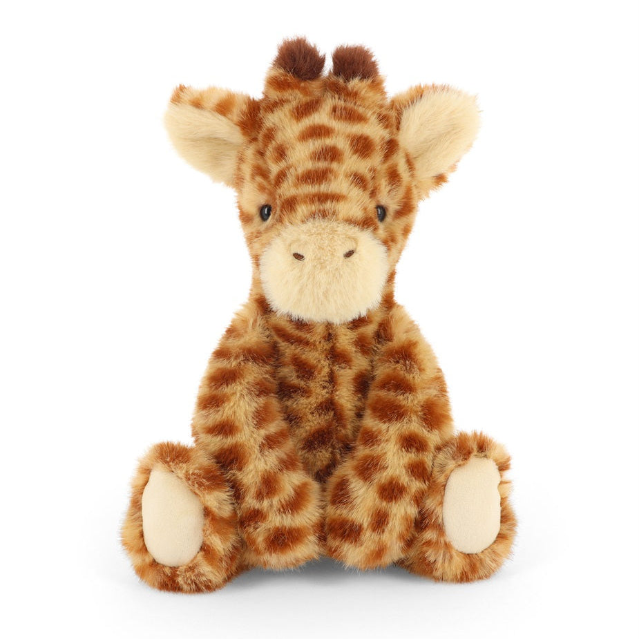 A plush giraffe toy with brown and tan spots, cream-colored face and legs, and small dark eyes, sitting against a plain white background.
