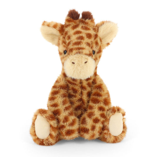 A plush giraffe toy with brown and tan spots, cream-colored face and legs, and small dark eyes, sitting against a plain white background.