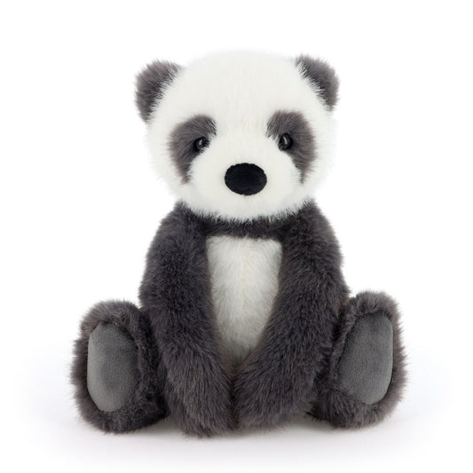 A plush panda toy sitting upright against a clean white background. The stuffed animal has a white face and chest, dark gray arms and legs, and gray ear patches and paw pads.