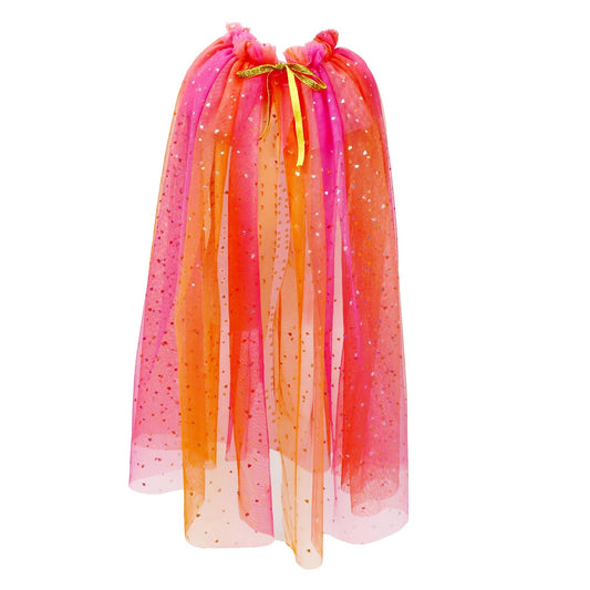 A sparkly tulle cape with a gradient of pink, orange, and yellow, featuring small gold glitter speckles and a gold drawstring at the top, shown against a plain white background.
