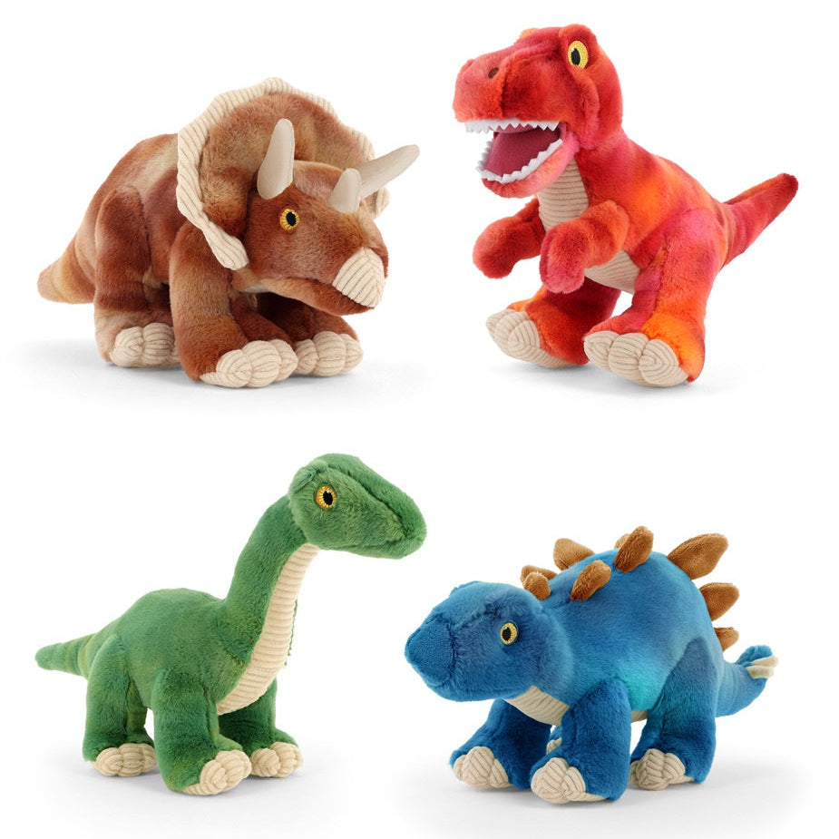 Four plush dinosaur toys arranged on a white background: a brown Triceratops, a red-orange T-Rex, a green Brachiosaurus, and a blue Stegosaurus with brown spikes.