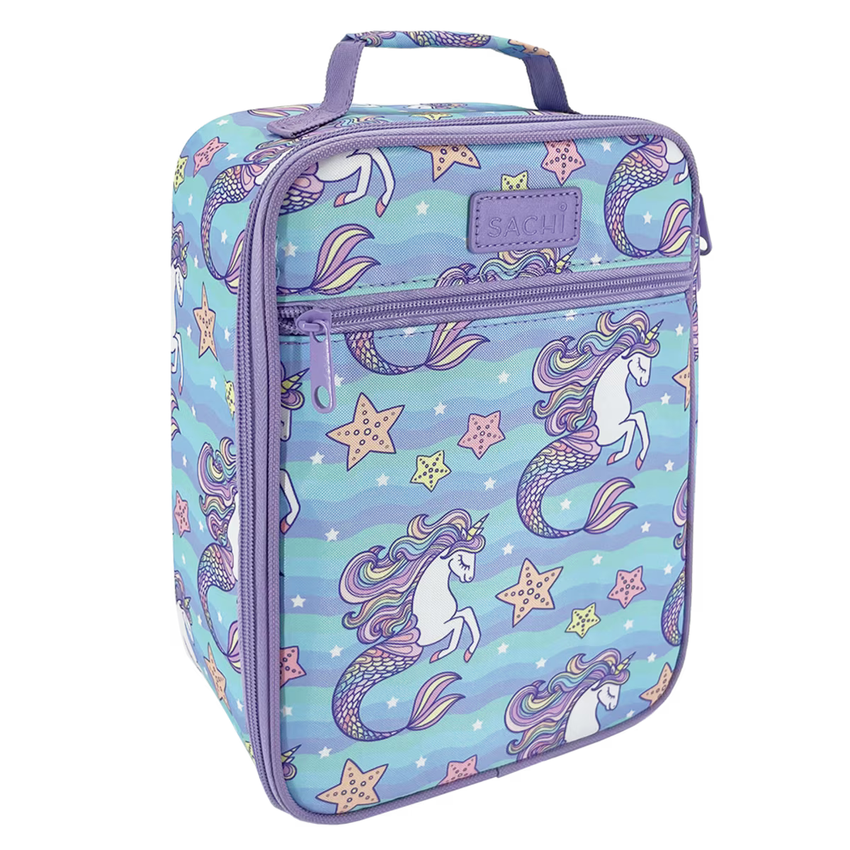 Unicorn and mermaid patterned lunch bag with purple accents on a white background