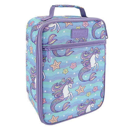 Unicorn and mermaid patterned lunch bag with purple accents on a white background