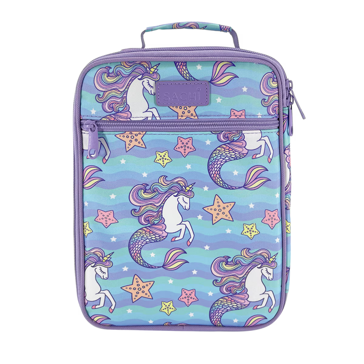 Unicorn-themed lunch bag with star patterns on a white background