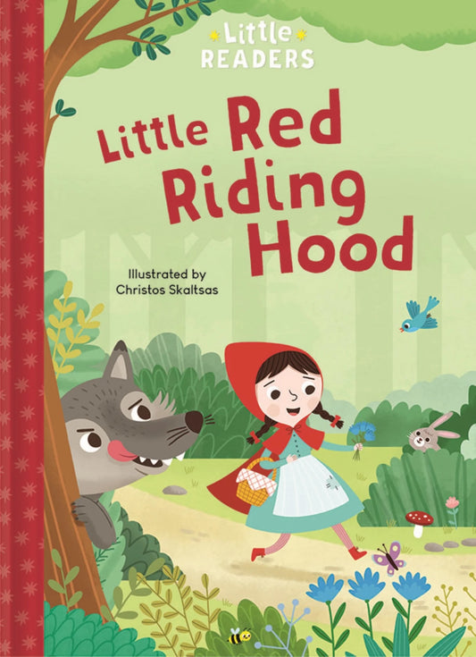 Book cover of 'Little Red Riding Hood' with illustrations of a girl in red, wolf, and forest elements.