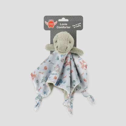 Baby comfort blanket with plush toy on a white background