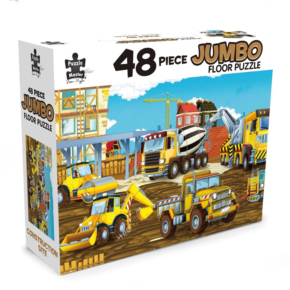 48-piece jumbo floor puzzle packaging with construction vehicles and buildings on a white background