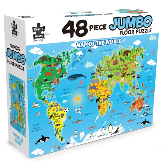 Box of a 48-piece Jumbo Floor Puzzle featuring a map of the world with animals on a white background.