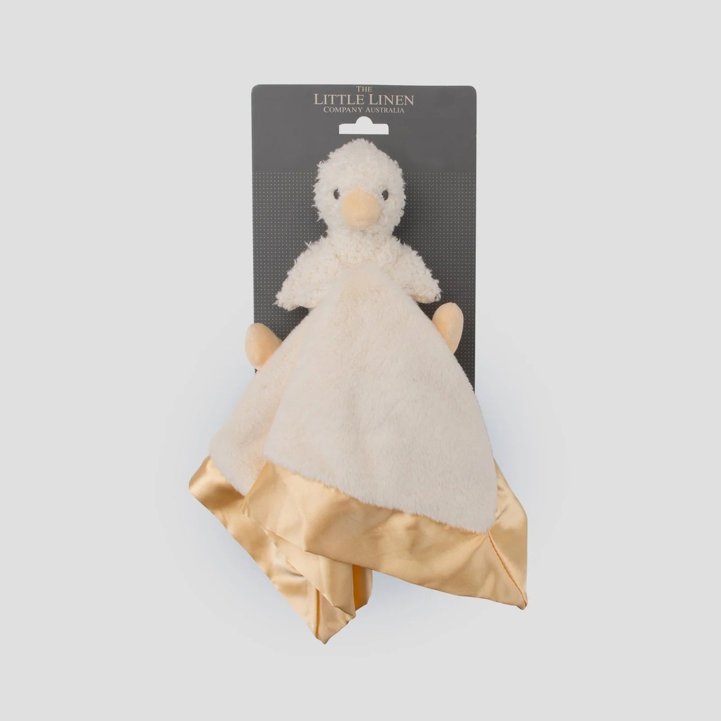White plush toy with gold trim on a gray card labeled 'Little Linen' against a light gray background.