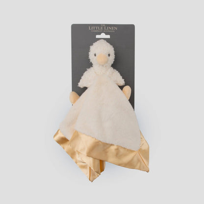 White plush toy with gold trim on a gray card labeled 'Little Linen' against a light gray background.