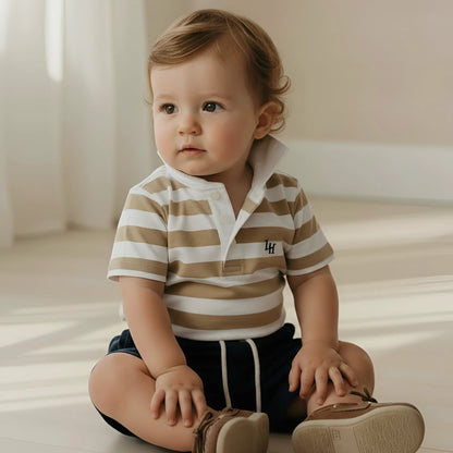 LOVE HENRY | RUGBY POLO ROMPER | BEIGE STRIPE