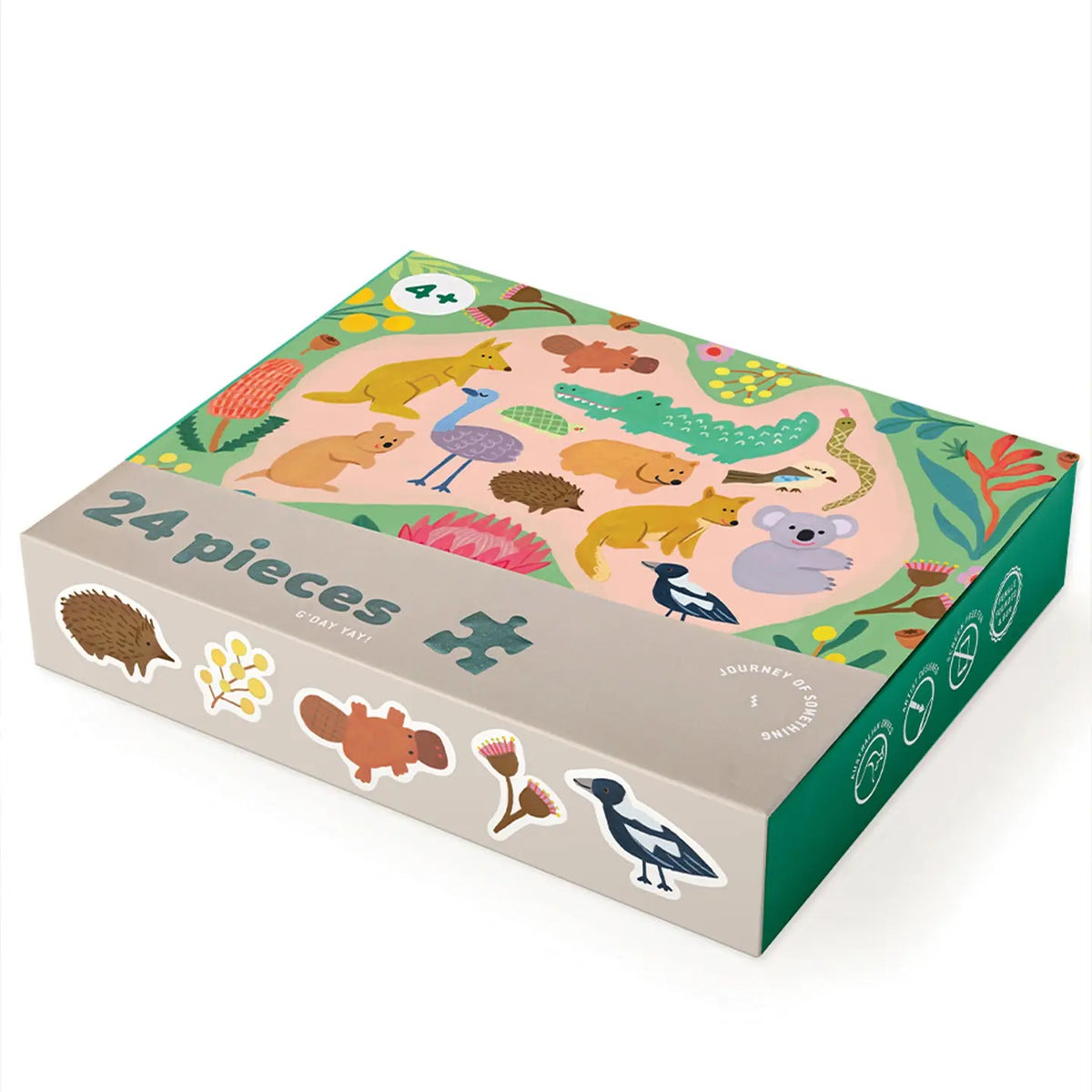 A 24-piece children's jigsaw puzzle box titled 'Jungle Art' by Journey Art, featuring a colorful cartoon illustration of Australian animals on a light beige box with green sides.