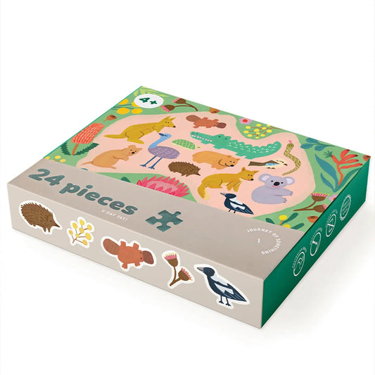 A 24-piece children's jigsaw puzzle box titled 'Jungle Art' by Journey Art, featuring a colorful cartoon illustration of Australian animals on a light beige box with green sides.