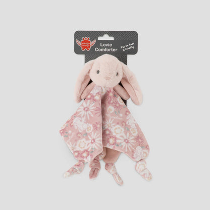Floral comforter with a bunny design on a white background
