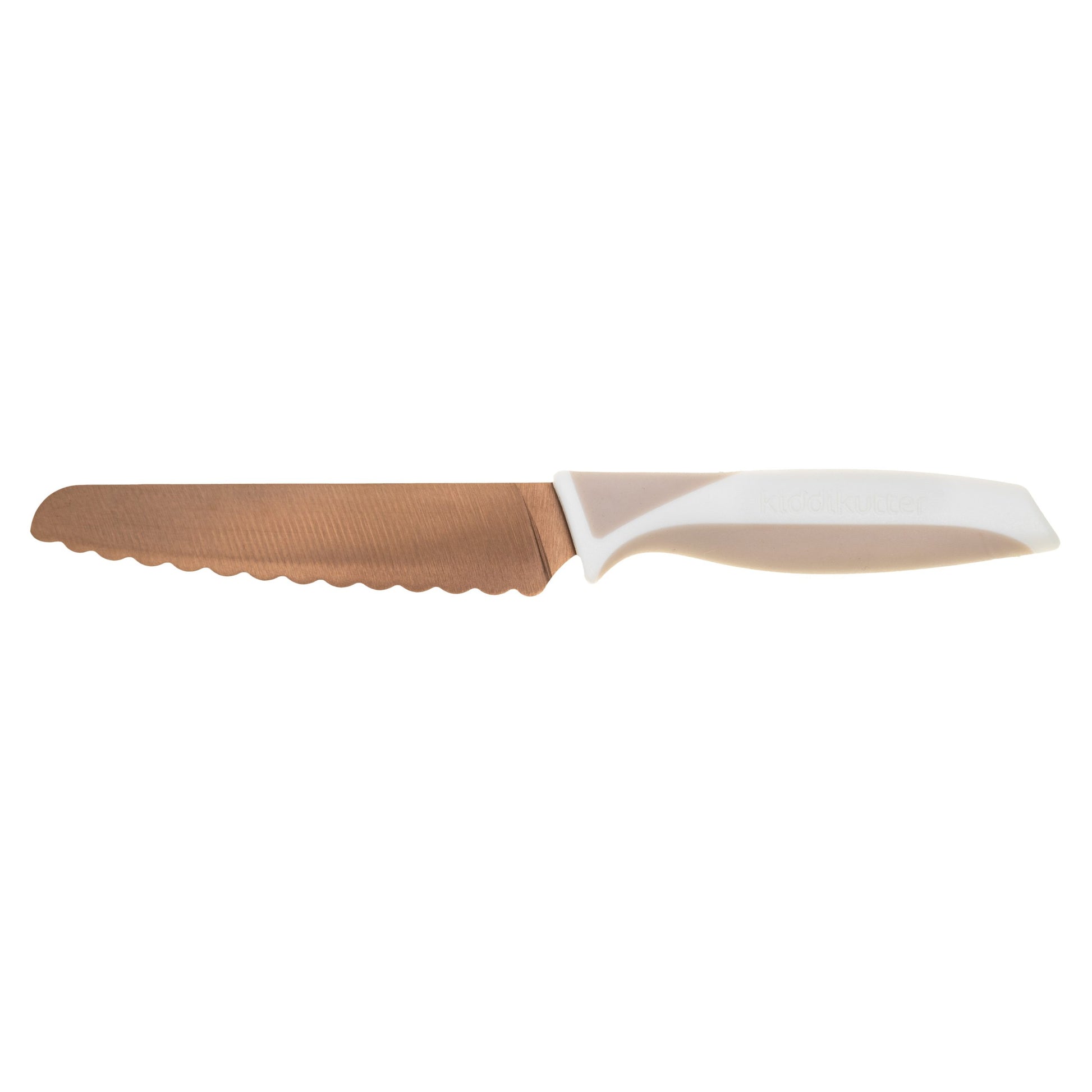 Knife with a brown blade and white handle on a white background