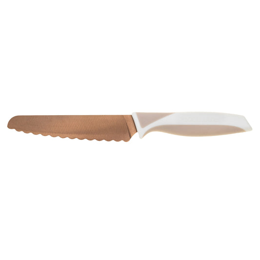 Knife with a brown blade and white handle on a white background