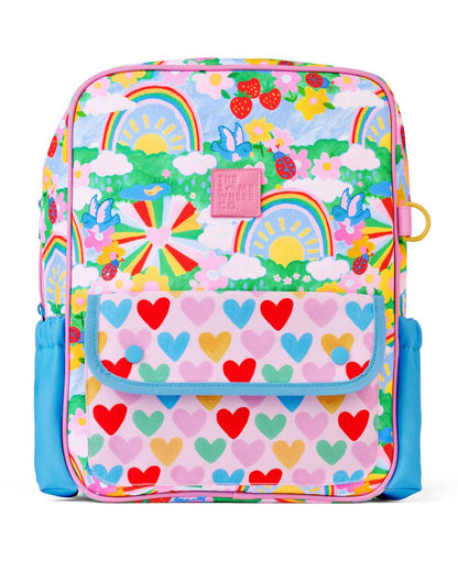 Colorful backpack with heart pattern and rainbow design on a white background
