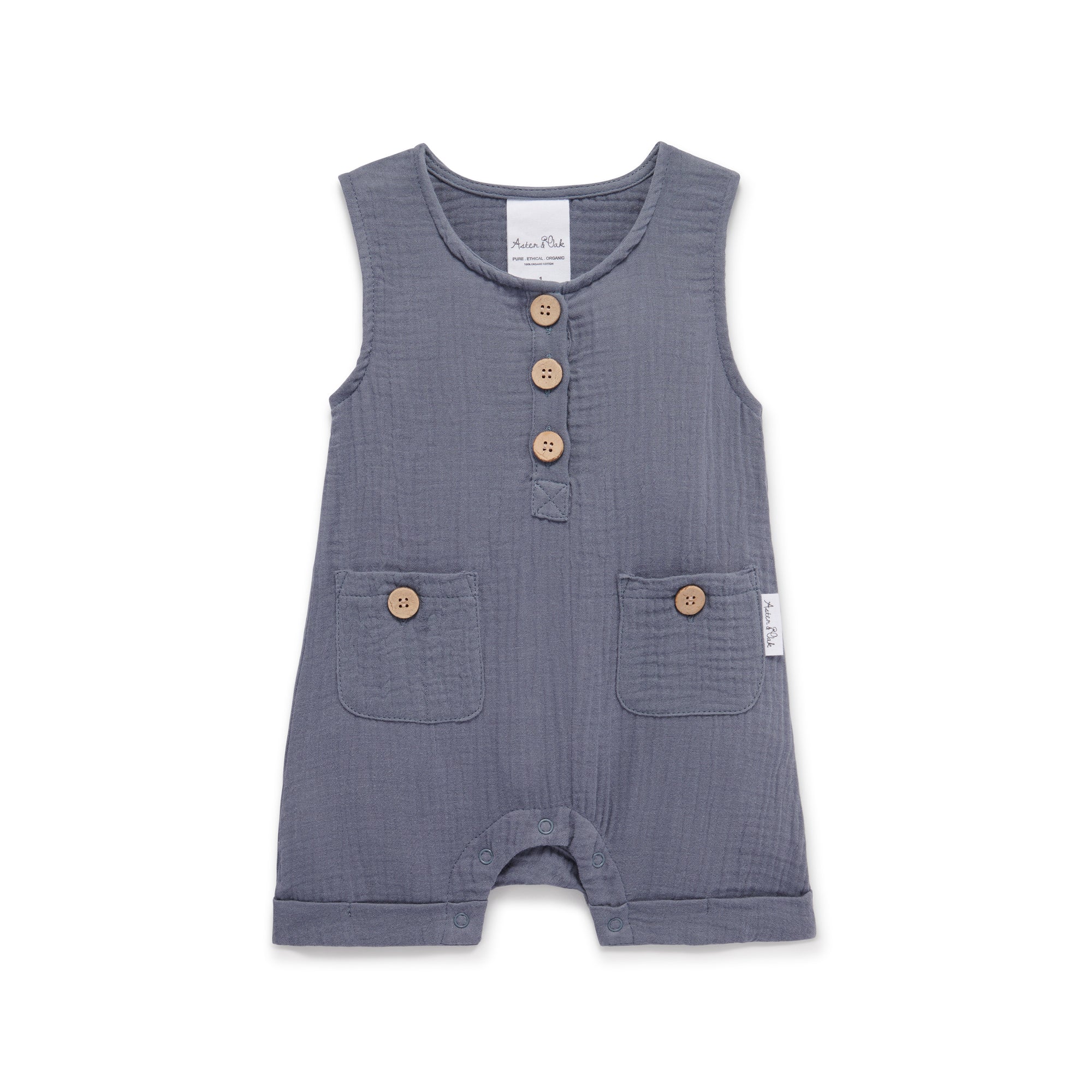 Aster and Oak Cotton Muslin Button Romper - Flint Blue