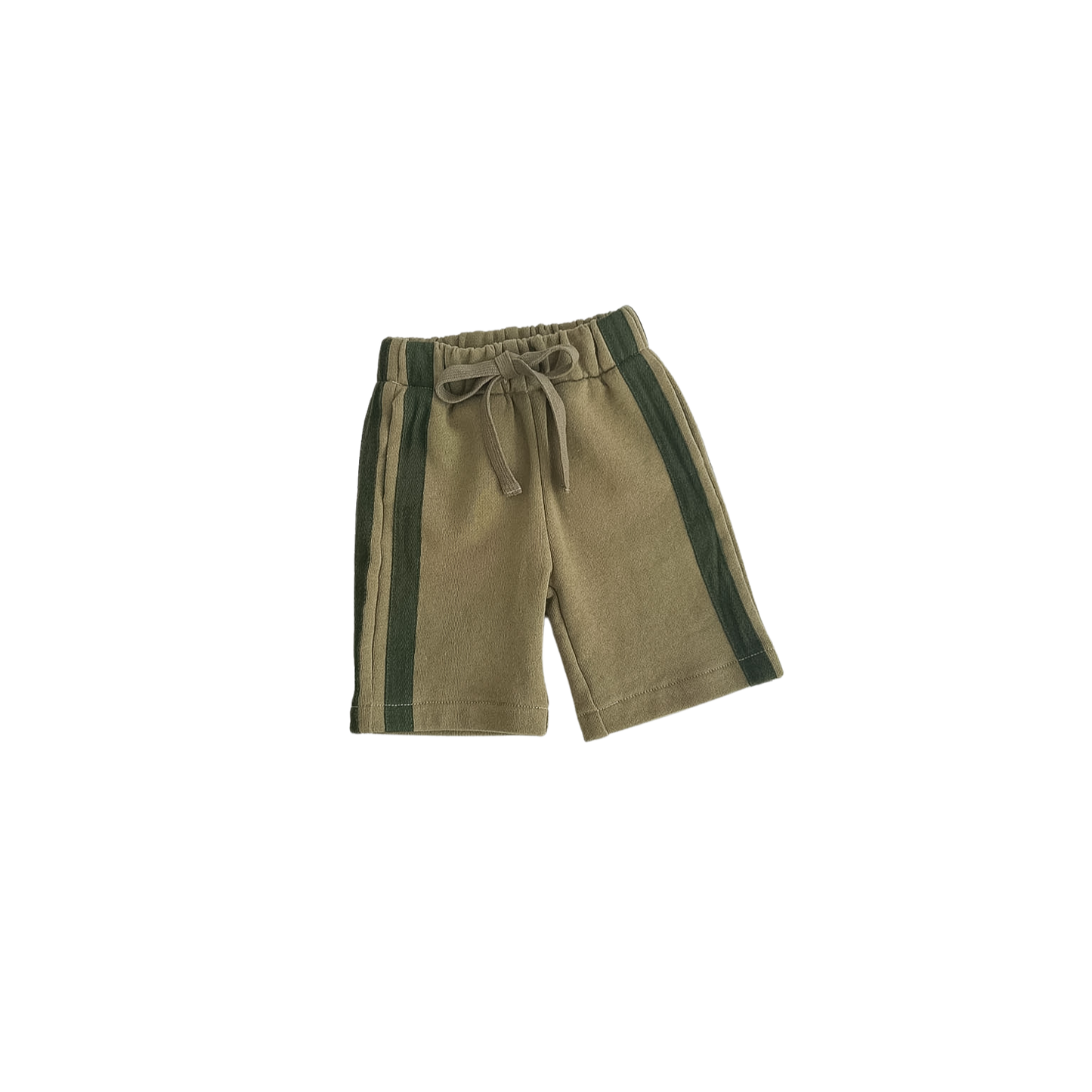 Khaki shorts with green stripes on a white background