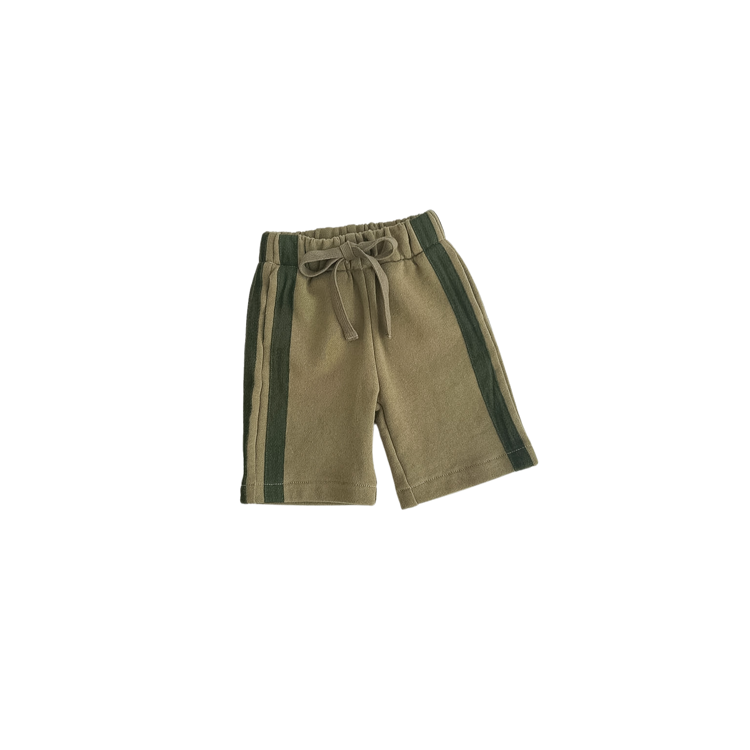 Khaki shorts with green stripes on a white background