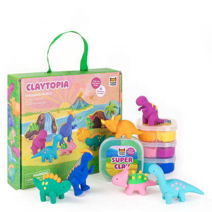 CLAYTOPIA dinosaur-themed clay set with packaging and colorful clay figures on a white background