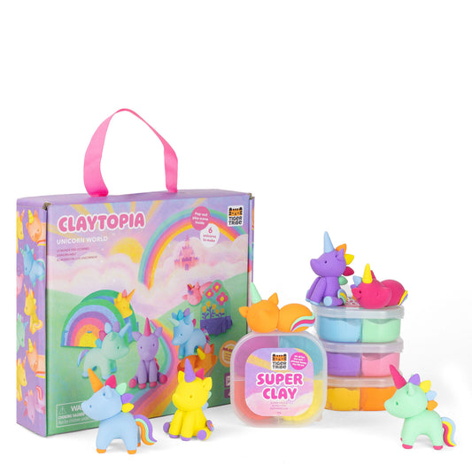 CLAYTOPIA unicorn kids craft kit with colorful clay figures and packaging on a white background