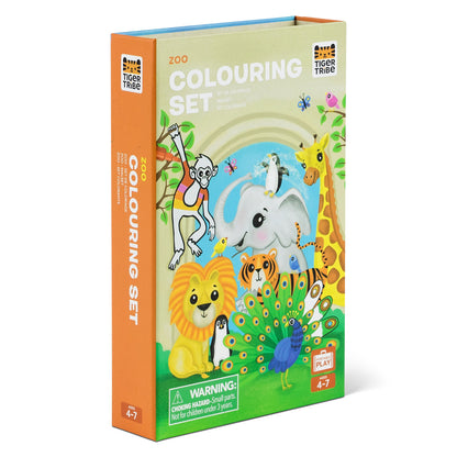 Zoo Colouring Set packaging with illustrations of animals on a white background