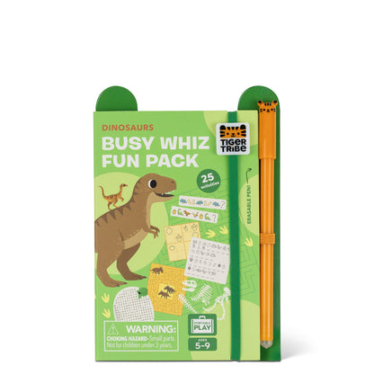 Dinosaur-themed Busy Whiz Fun Pack with a pen on a white background