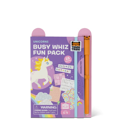 Purple packaging of a 'Busy Whiz Fun Pack' with a unicorn design on a white background.
