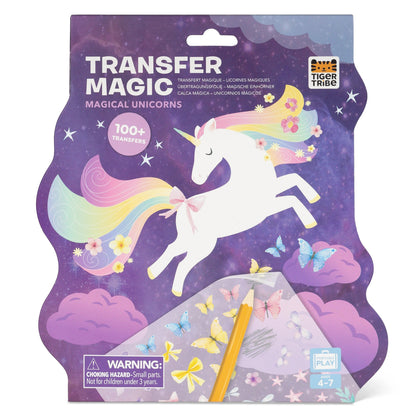Tiger Tribe Transfer Magic Magical Unicorns craft kit in its retail packaging, featuring a purple galaxy-themed card with an illustration of a white unicorn, pastel rainbow mane, butterflies, and a sample transfer sheet with a yellow pencil.