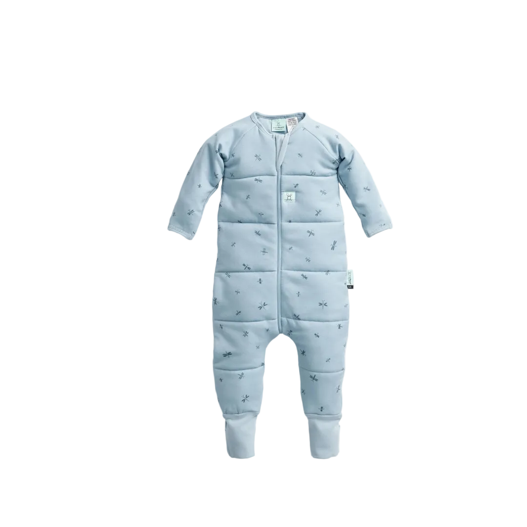 Blue baby onesie with a pattern on a white background