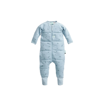 Blue baby onesie with a pattern on a white background