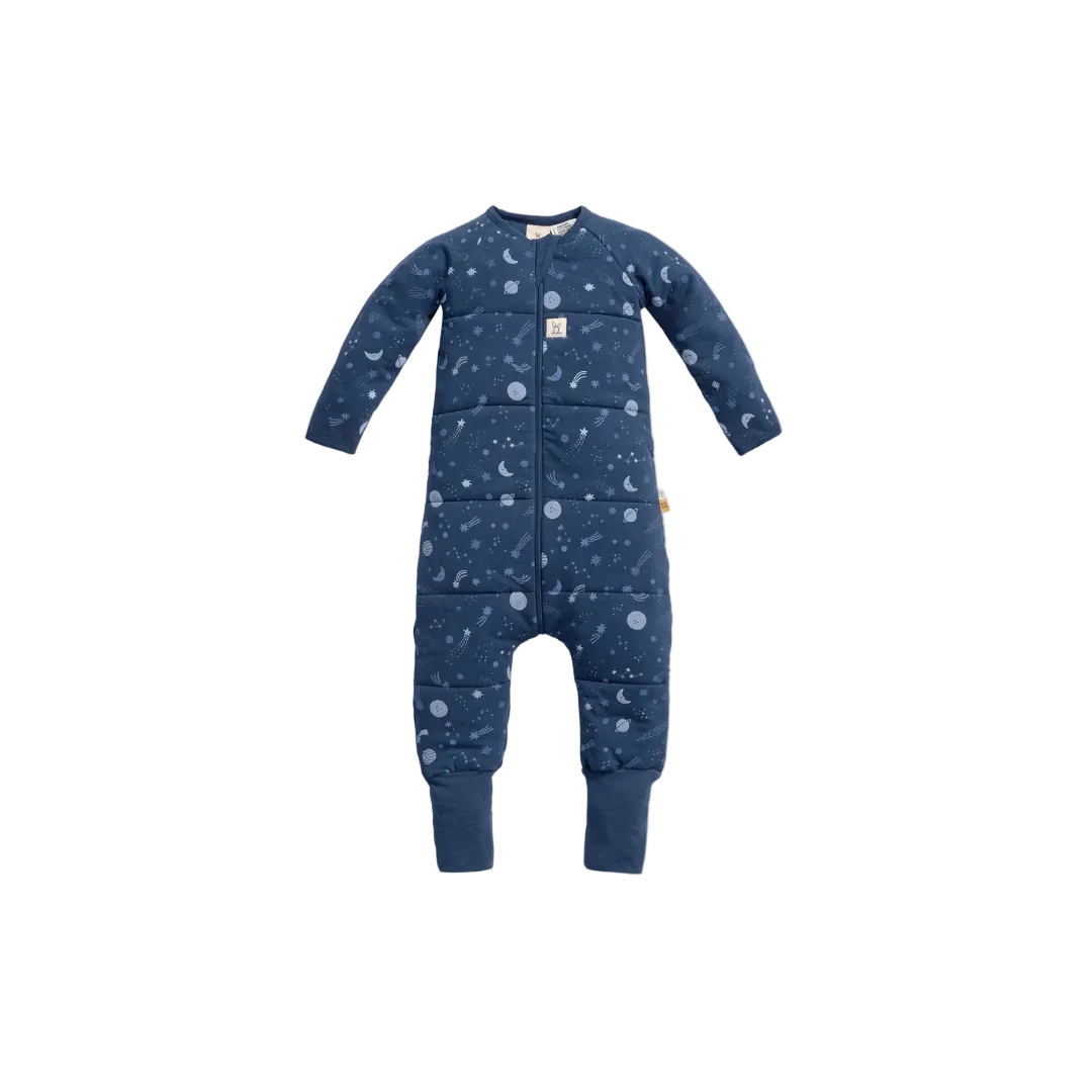 Blue baby onesie with space pattern on a white background