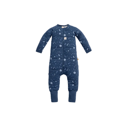 Blue baby onesie with space pattern on a white background