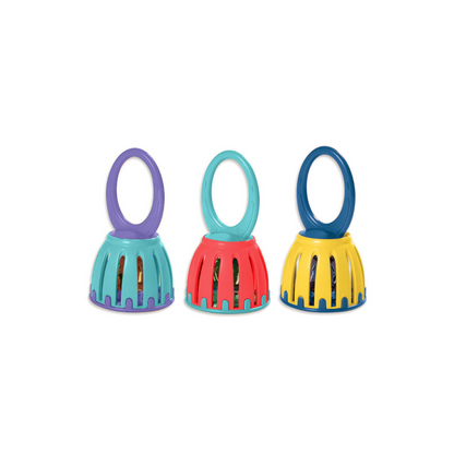 Three colorful plastic toys with rings on a white background