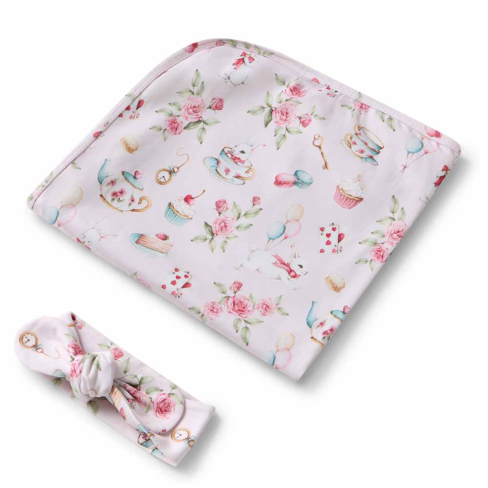 Snuggle Hunny Jersey Wrap and Headband Set - Alice's Tea Party